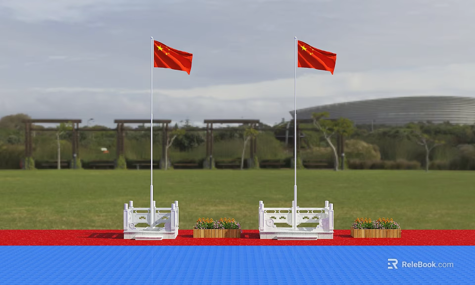 Two Chinese National Flags Flying on White Flagpoles Green Grassland Red Carpet and Yellow Flowers 3d model 