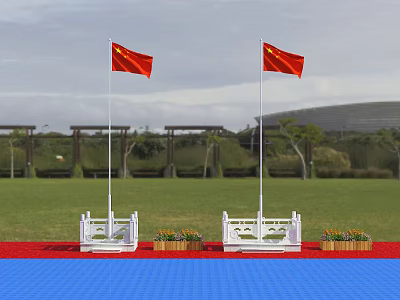 Two Chinese National Flags Flying on White Flagpoles Green Grassland Red Carpet and Yellow Flowers 3d model
