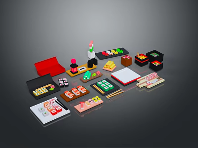 Traditional Japanese Food Dishes Including Sushi Served in Decorative Boxes With Chopsticks 3d model