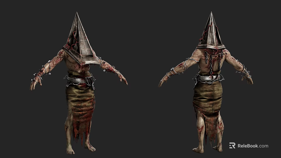 Game Movie Character With Pyramid Shaped Headgear Bloody Body And Tattered Clothing 3d model 