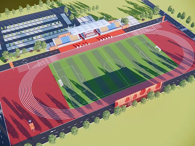 Outdoor Football Field With Red Running Track And Green Turf Near Spectator Stands And Trees 3d model