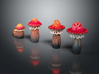 Mushroom Shaped Plants With Red Caps White Edges Dark Stems On Gray Background With Reflection 3d model