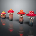 Mushroom Shaped Plants With Red Caps White Edges Dark Stems On Gray Background With Reflection
