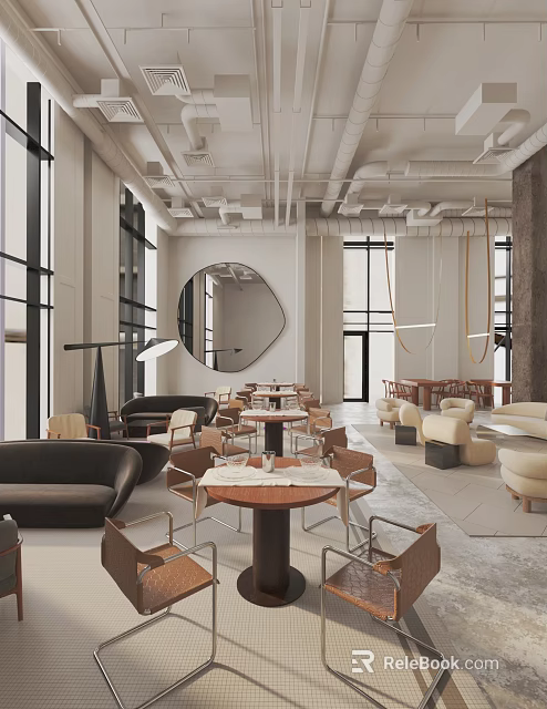 Modern Café Interior Design With Circular Mirror Large Windows Wooden Tables And Hanging Lights 3d model 