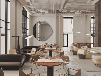 Modern Café Interior Design With Circular Mirror Large Windows Wooden Tables And Hanging Lights 3d model