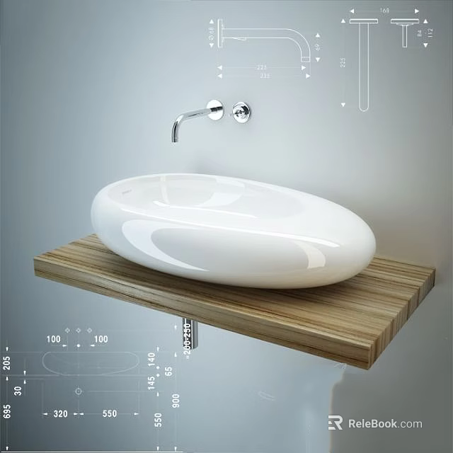 Modern White Ceramic Washbasin On Wooden Countertop With Chrome Faucet 3d model 