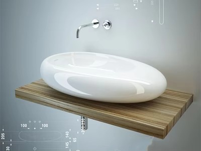 Modern White Ceramic Washbasin On Wooden Countertop With Chrome Faucet 3d model