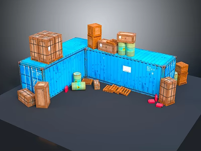 Blue Commercial Storage Containers With Wooden Crates Pallets And Drums For Logistics 3d model
