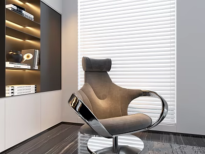 Gray Accent Chair in Modern Interior With Metal Armrests Swivel Base Bookshelf LED Lights Blinds 3d model