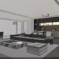 Modern Living Dining Room Interior With Black Sofa Marble Coffee Table And Open Kitchen