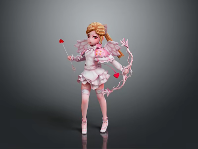 Woman With Blonde Hair White Pink Outfit Wings Bow And Heart Elements 3d model Woman With Blonde Hair White Pink Outfit Wings Bow And Heart Elements 3d model