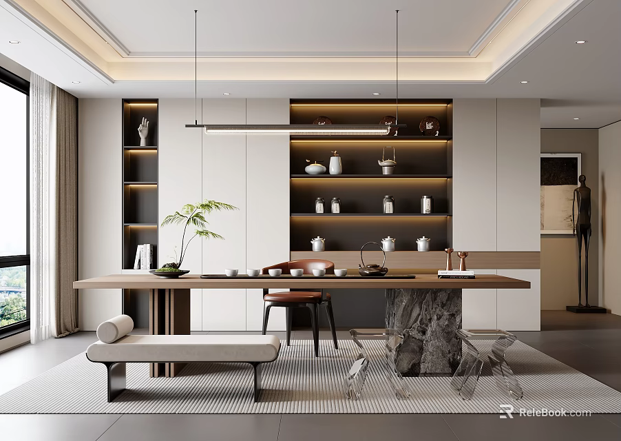 Modern Tea Room Interior With Wooden Tea Table Teacups And Green Plants On Shelves 3d model 