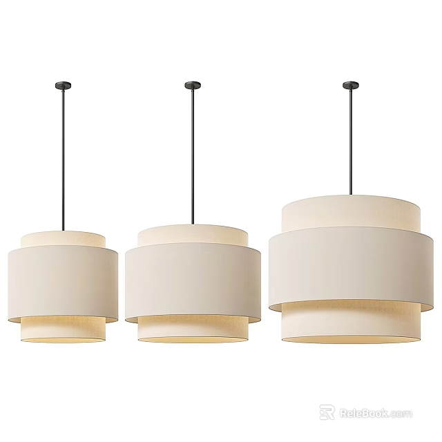 Three Modern Pendant Lights With White Multi Layer Shade And Black Rod 3d model