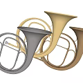 Musical Instruments And Art Supplies With Golden Copper French Horns On Purple Background