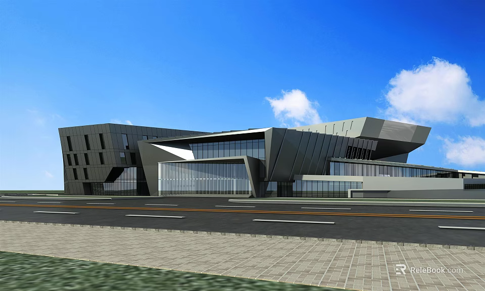 Modern Museum Building Featuring Geometric Architectural Design Glass Curtain Walls And Blue Sky 3d model 