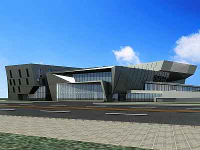 Modern Museum Building Featuring Geometric Architectural Design Glass Curtain Walls And Blue Sky 3d model
