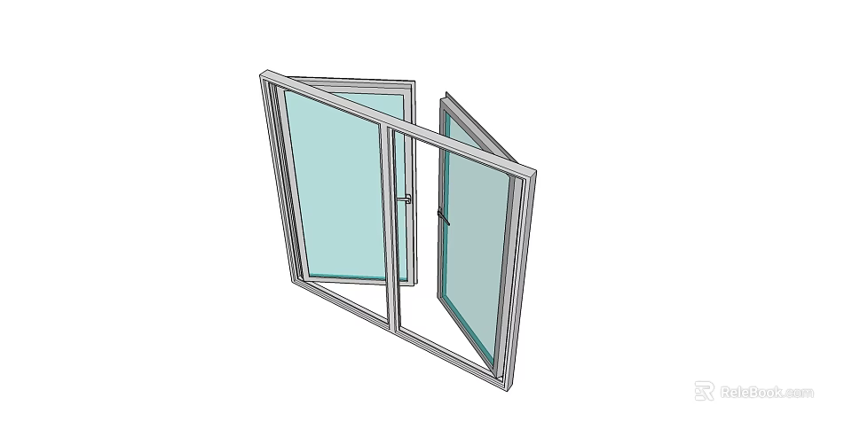 Open Double Casement Window With Clear Glass Panes And Gray Frame 3d model 