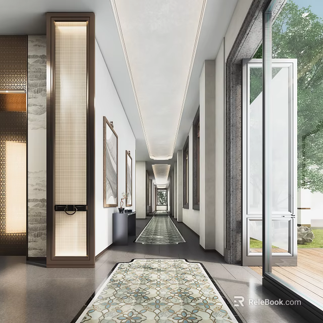 Modern Elevator Hallway Interior Design With Decorative Artworks Ceiling Lighting And Patterned Rug 3d model