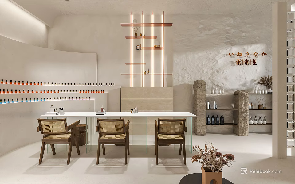 Modern Beauty Salon Interior Design With Glass Counter Wooden Chairs And Illuminated Product Shelves 3d model 