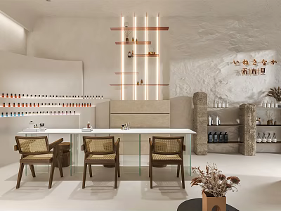 Modern Beauty Salon Interior Design With Glass Counter Wooden Chairs And Illuminated Product Shelves 3d model