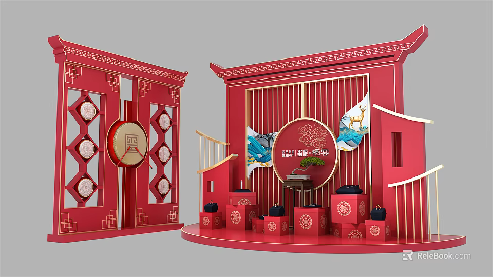 Red Chinese Traditional Decorative Setup With Architectural Elements Drum Lanterns And Plants 3d model
