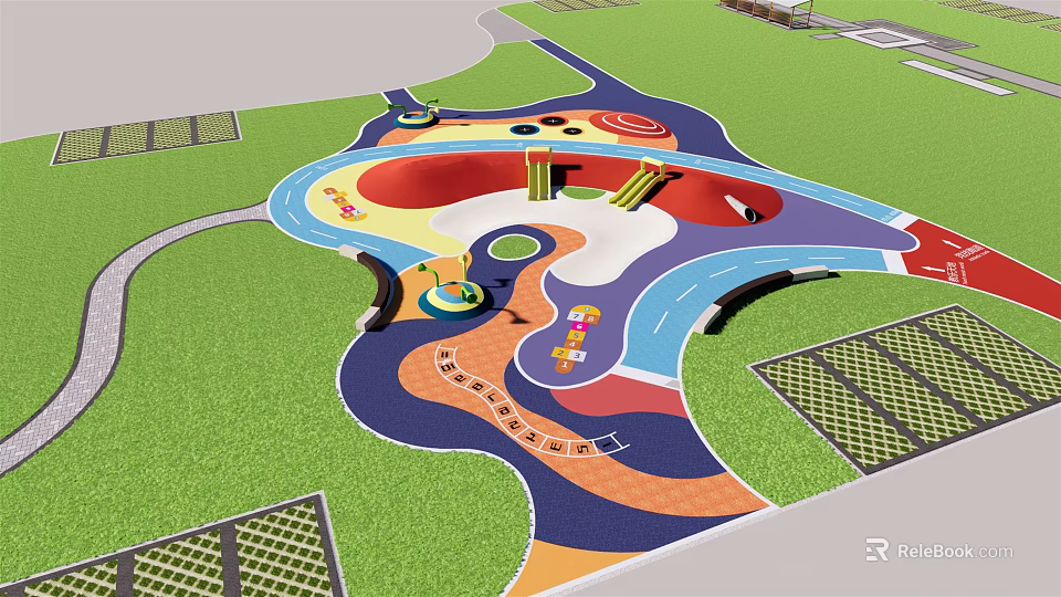Vibrant Children's Play Area With Colorful Paths Slides Lawn And Play Structures 3d model 