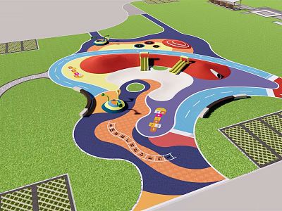 Vibrant Children's Play Area With Colorful Paths Slides Lawn And Play Structures 3d model