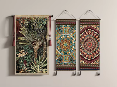 Vibrant Wall Tapestries With Tropical Plant And Geometric Mandala Patterns 3d model