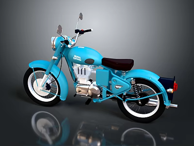 Blue Vintage Motorcycle With Black Seat And White Wall Tires Chrome Details 3d model