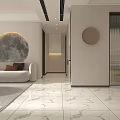Elegant Modern Living and Dining Room Interior With Round Moon Decoration Chandelier And Marble Floor