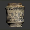 Ancient Ceramic Jar With Weathered Glaze Blue White Patterns Cylindrical Body Sturdy Base Wide Opening