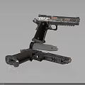 Two Modern Tactical Pistols With Wooden Grips Metal Frames Red Accents And Magazine Attachments