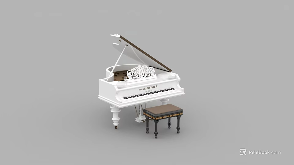 Elegant White Grand Piano With Intricate Carvings And Matching Wooden Stool 3d model 