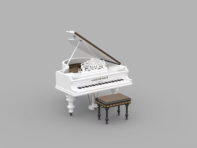 Elegant White Grand Piano With Intricate Carvings And Matching Wooden Stool 3d model