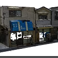 Old Traditional Storefront Buildings Featuring Blue Awning Windows Doors Japanese Signage and Plants