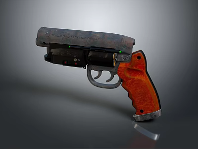 Tactical Handgun With Orange Grip And Distressed Metal Body Design 3d model