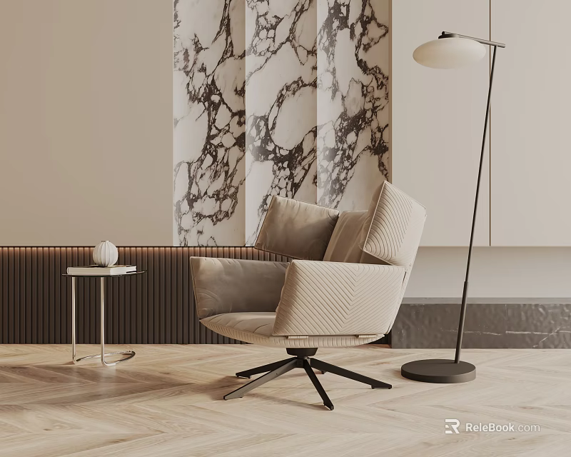 Modern Leisure Chair In Neutral Living Space With Marble Wall Floor Lamp And Side Table 3d model 