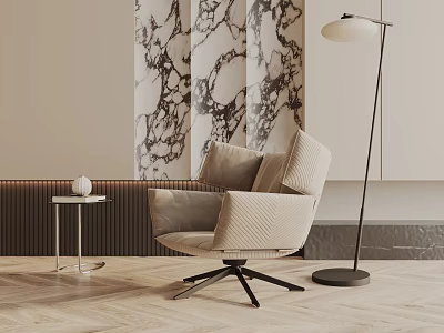 Modern Leisure Chair In Neutral Living Space With Marble Wall Floor Lamp And Side Table 3d model