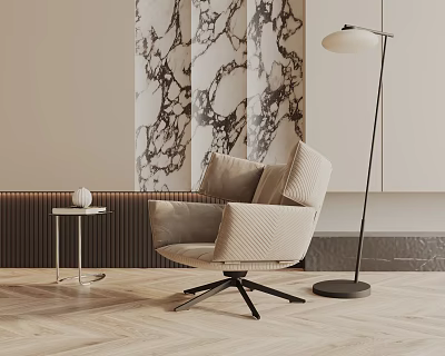 Modern Leisure Chair In Neutral Living Space With Marble Wall Floor Lamp And Side Table 3d model