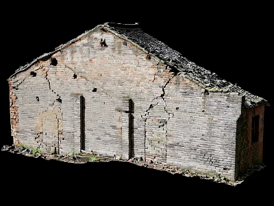 Ancient Dilapidated Building With Weathered Brick Walls And Cracked Tile Roof 3d model