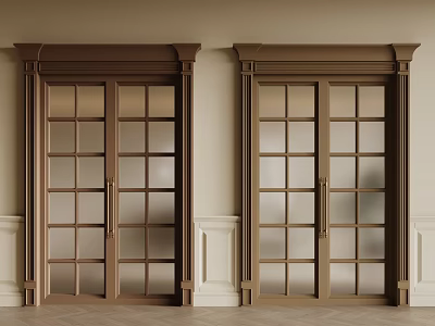 Elegant Wooden Double Doors With Glass Panes And Decorative Frames In Light Colored Interior 3d model