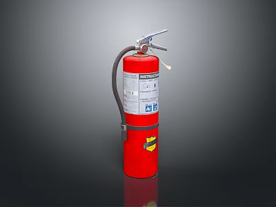 Industrial Red Fire Extinguisher With Metal Handle Hose And Safety Label 3d model