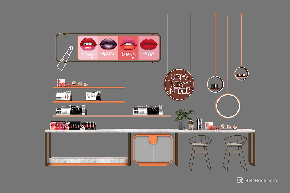 Modern Cosmetic Display Shelves with Lipstick Products Organized Layout Hanging Signs Potted Plants and Mirrors 3d model 