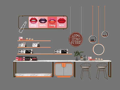 Modern Cosmetic Display Shelves with Lipstick Products Organized Layout Hanging Signs Potted Plants and Mirrors 3d model