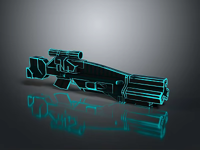 Black Sci Fi Weapon With Blue Glowing Edges Multiple Barrels Complex Structure And Bottom Reflection 3d model