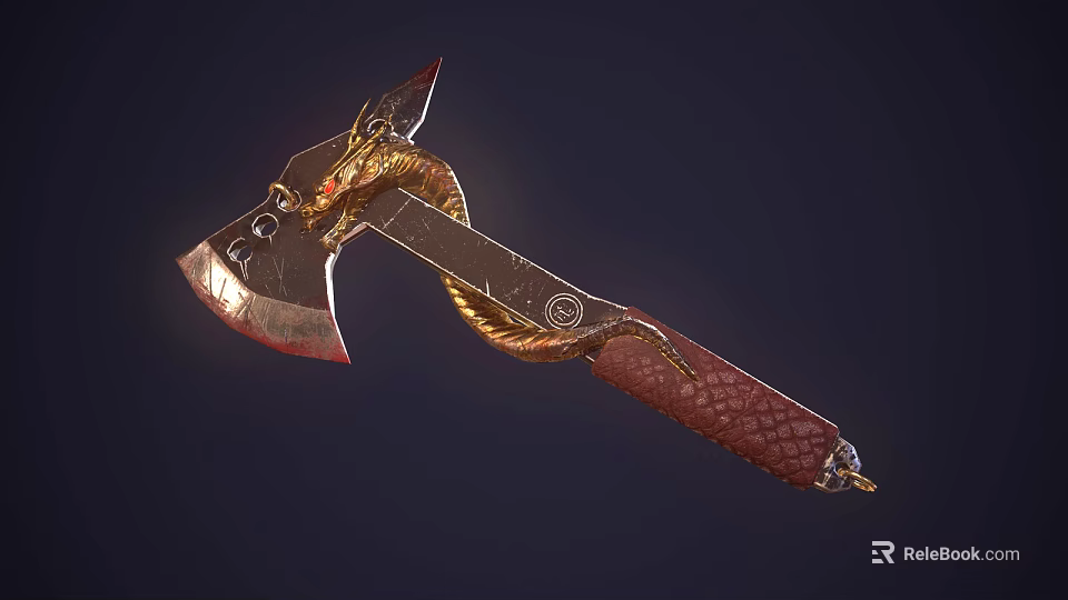 Dragon Decorated Axe With Intricate Carving And Red Leather Handle Design 3d model 