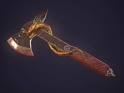 Dragon Decorated Axe With Intricate Carving And Red Leather Handle Design 3d model