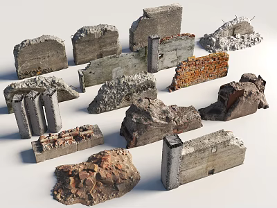 Damaged Walls Of Various Materials Including Stone Brick Concrete From Ruined Old Building 3d model