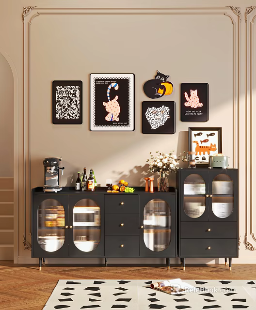 Modern Black Sideboard With Glass Doors Drawers Decorative Wall Art And Stylish Top Items 3d model 