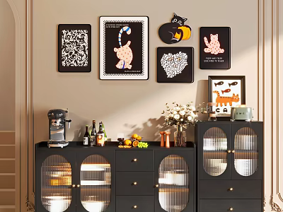 Modern Black Sideboard With Glass Doors Drawers Decorative Wall Art And Stylish Top Items 3d model